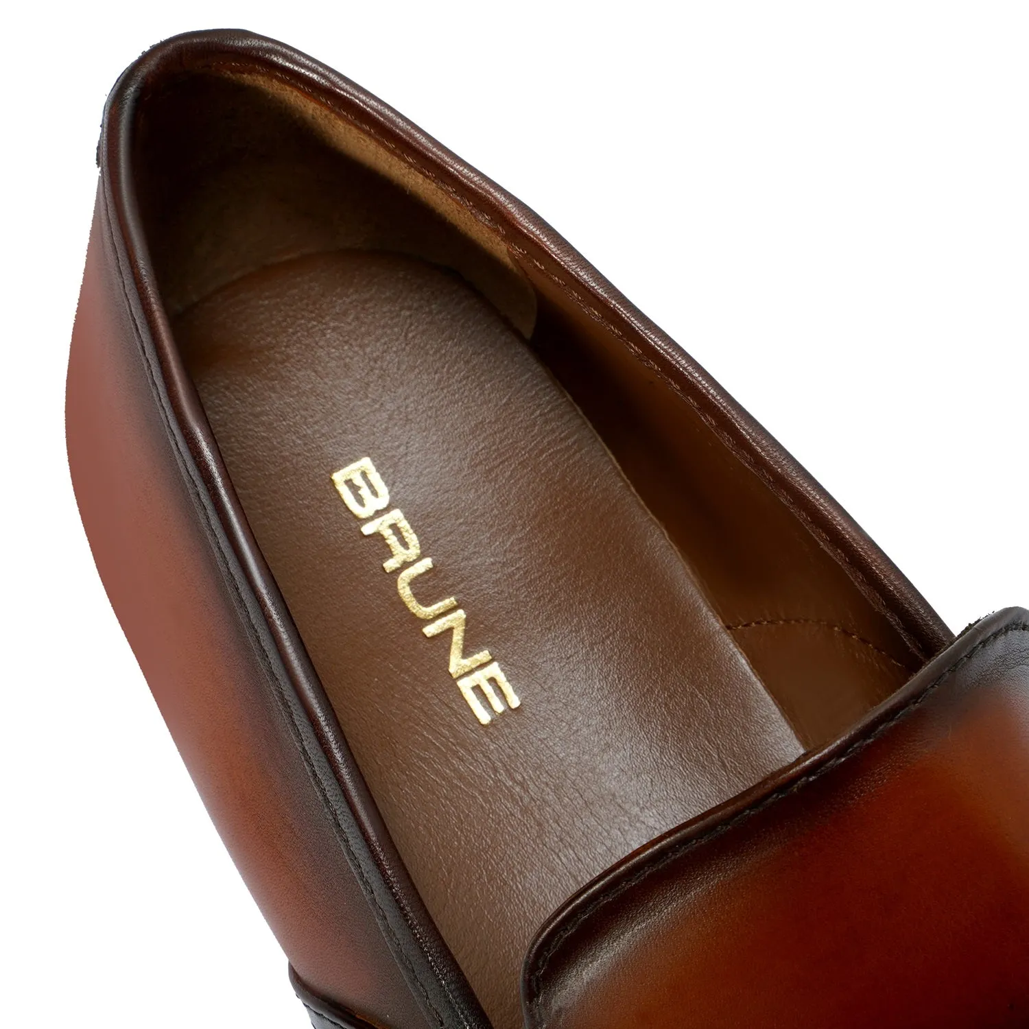 Punching Brogue Strap Loafers Burnished Cognac Leather Slip-On Shoes