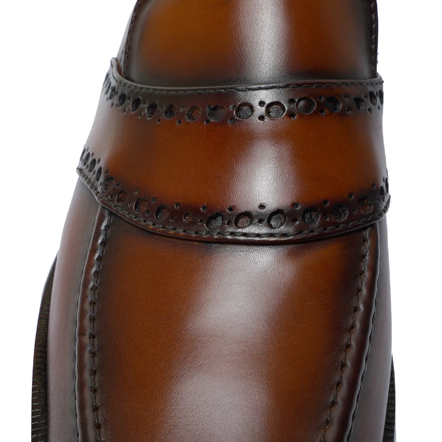 Punching Brogue Strap Loafers Burnished Cognac Leather Slip-On Shoes