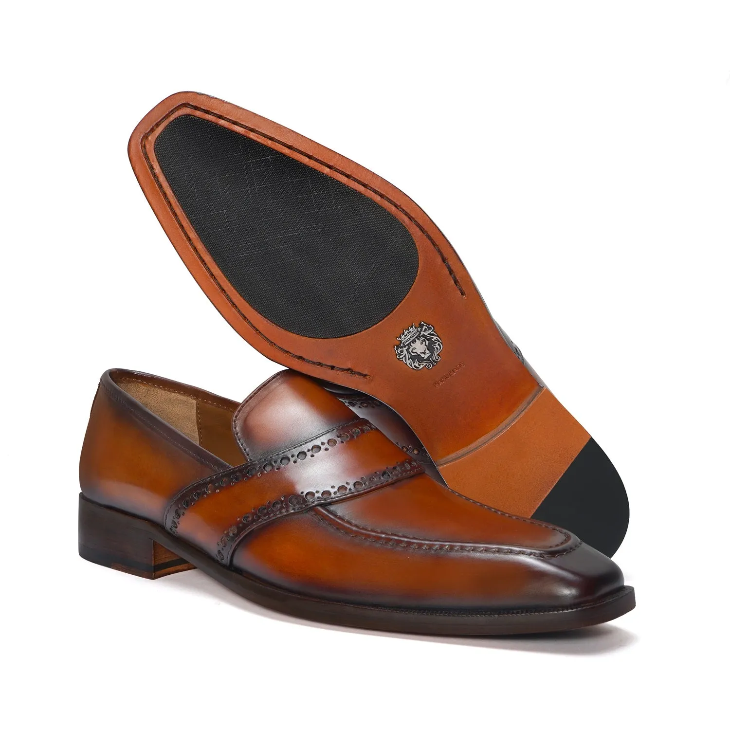 Punching Brogue Strap Loafers Burnished Cognac Leather Slip-On Shoes