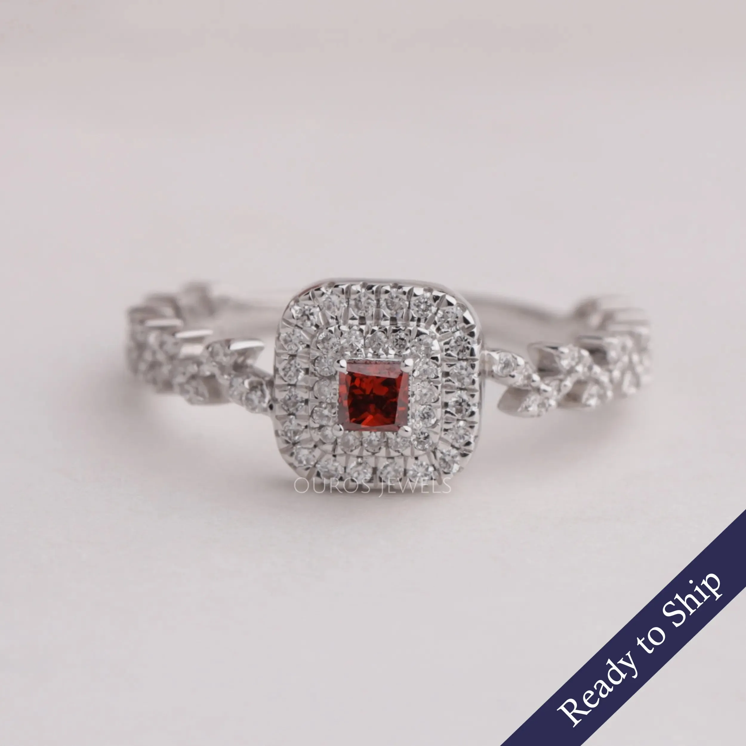 Red Princess Cut Double Halo Accent Diamond  Ring