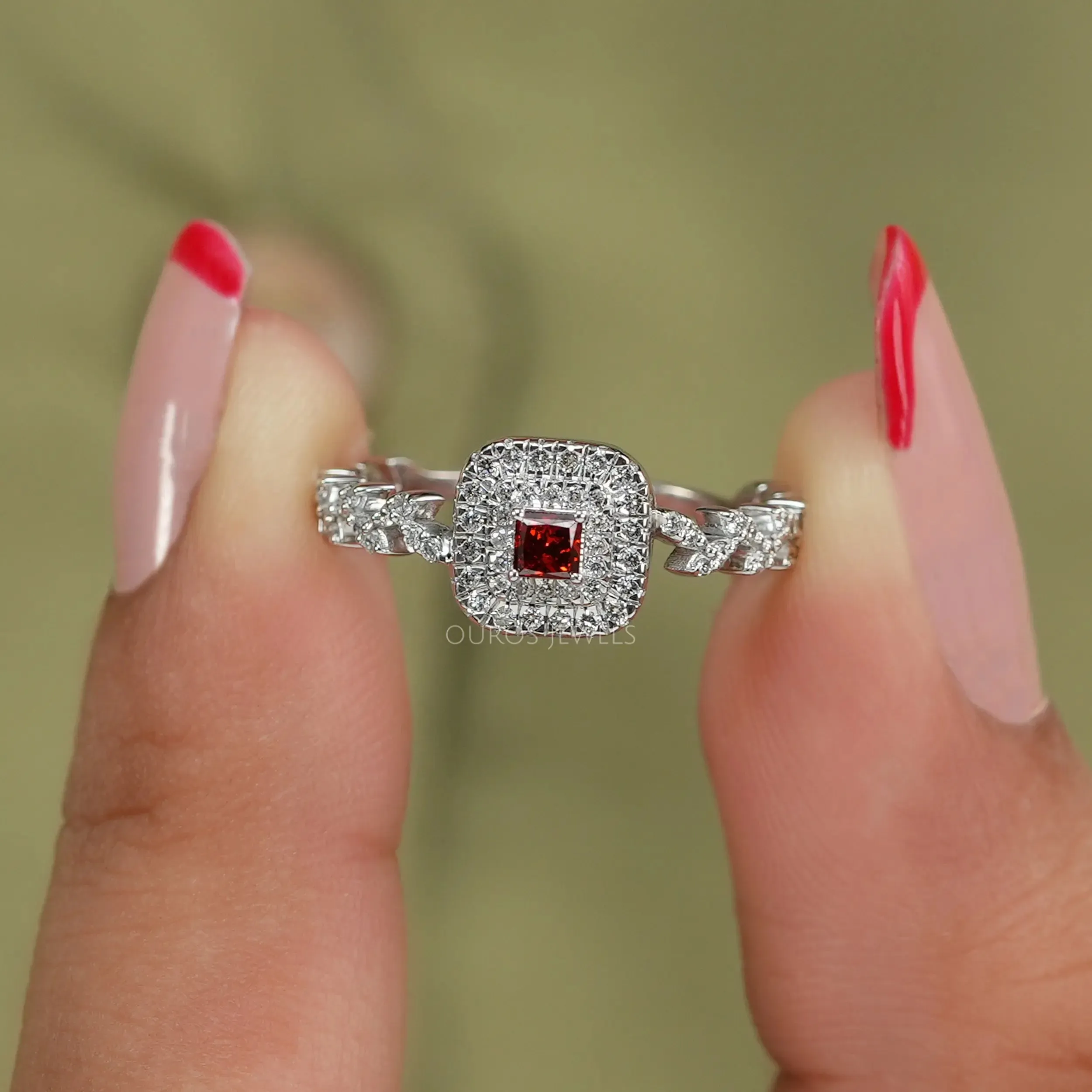 Red Princess Cut Double Halo Accent Diamond  Ring