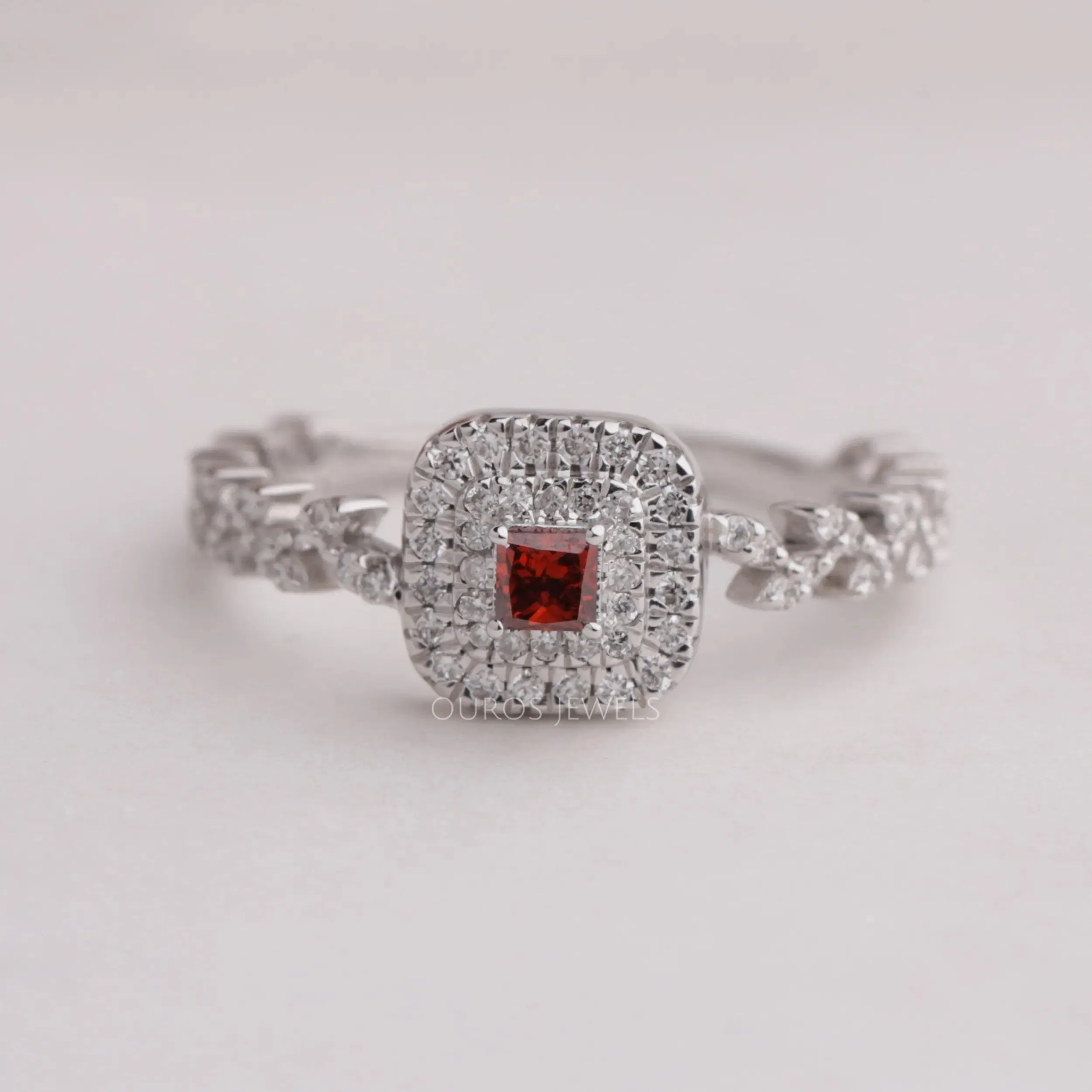 Red Princess Cut Double Halo Accent Diamond  Ring