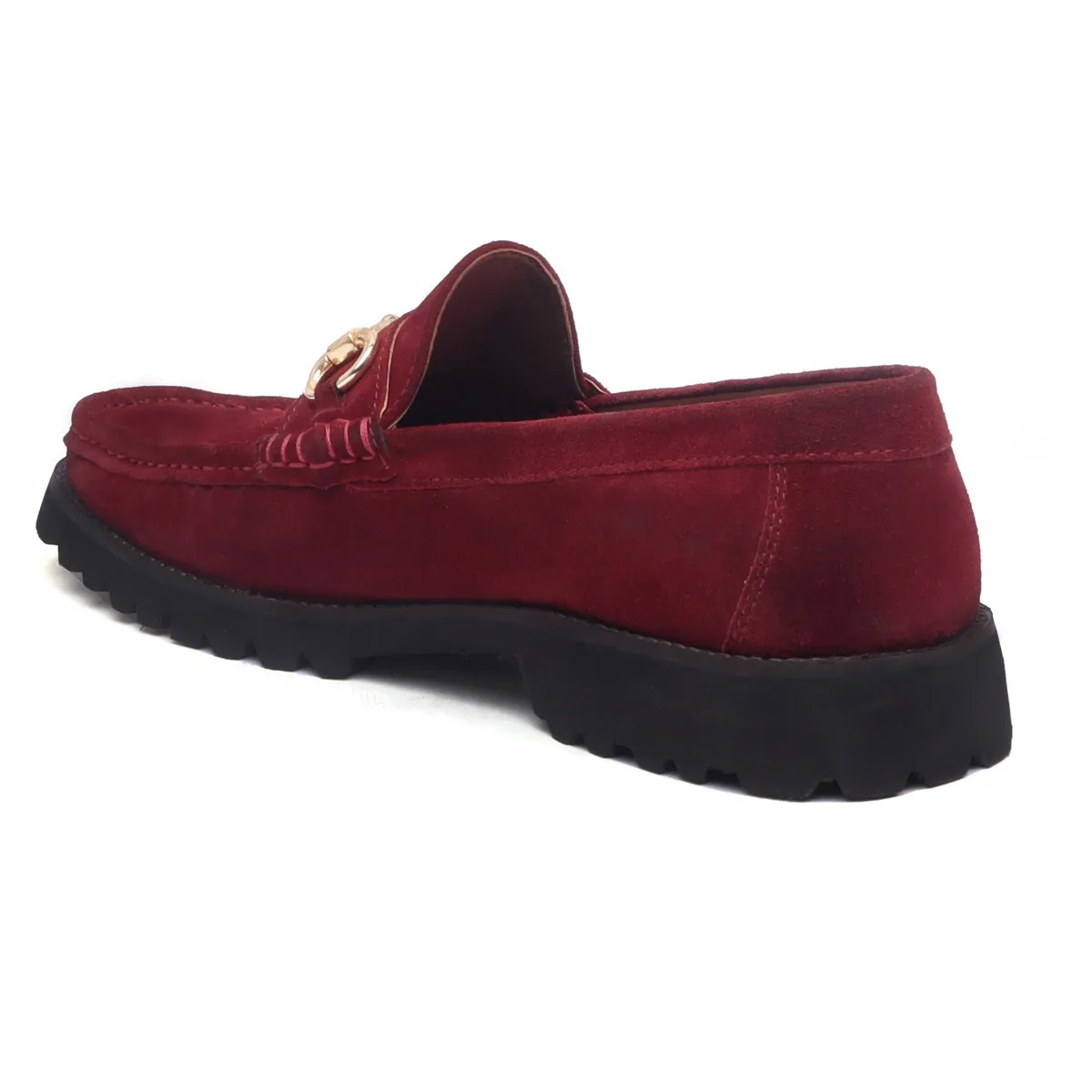 Red Suede Leather Chunky Sole Penny Loafers With Horse-bit Loafer