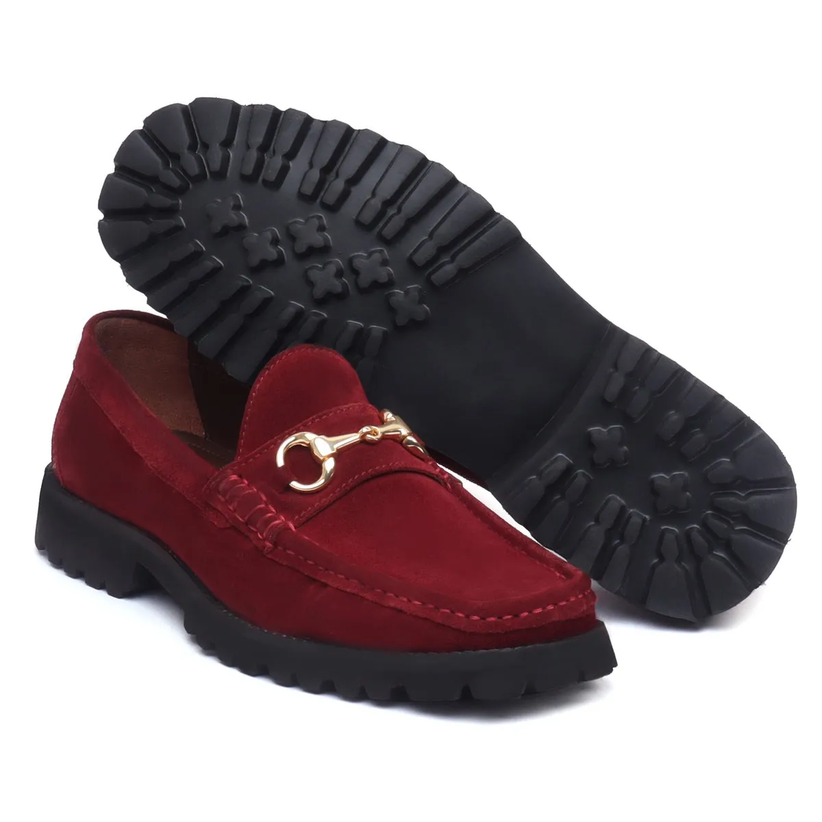 Red Suede Leather Chunky Sole Penny Loafers With Horse-bit Loafer