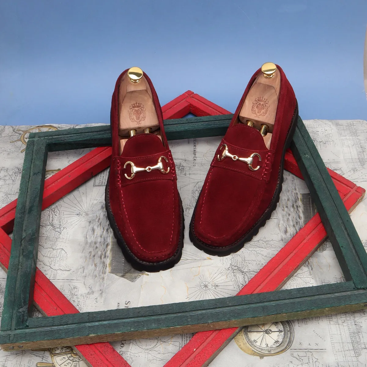 Red Suede Leather Chunky Sole Penny Loafers With Horse-bit Loafer