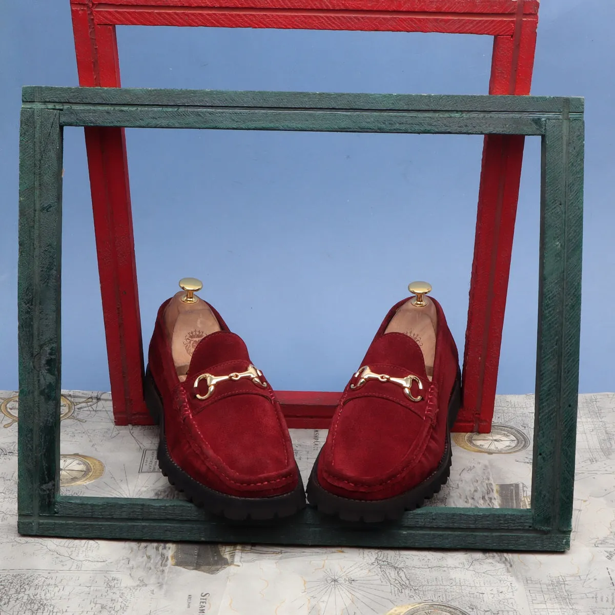 Red Suede Leather Chunky Sole Penny Loafers With Horse-bit Loafer