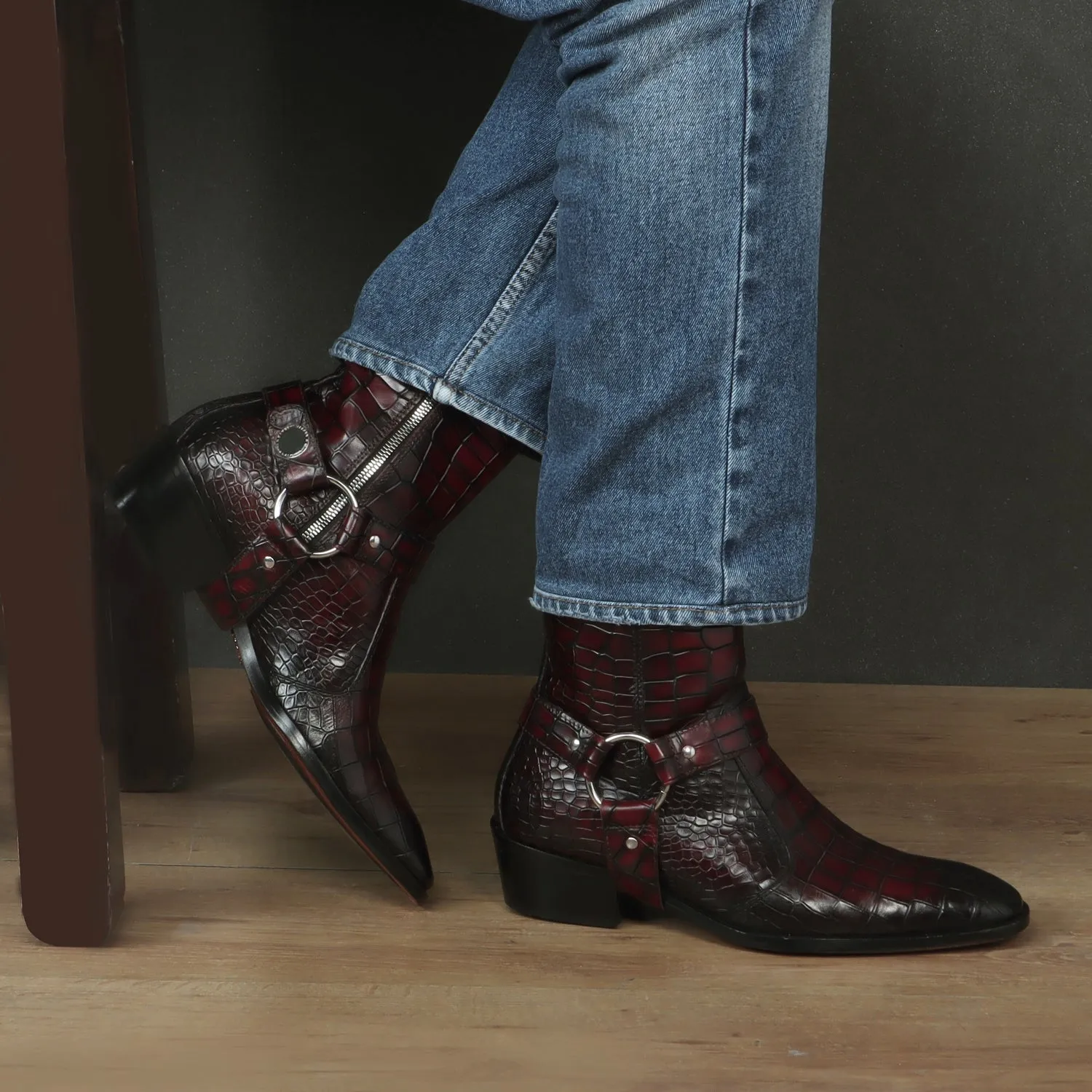 Removable/Adjustable Buckle Smokey Wine Perfect Cuban Heel Croco Textured Leather Boots