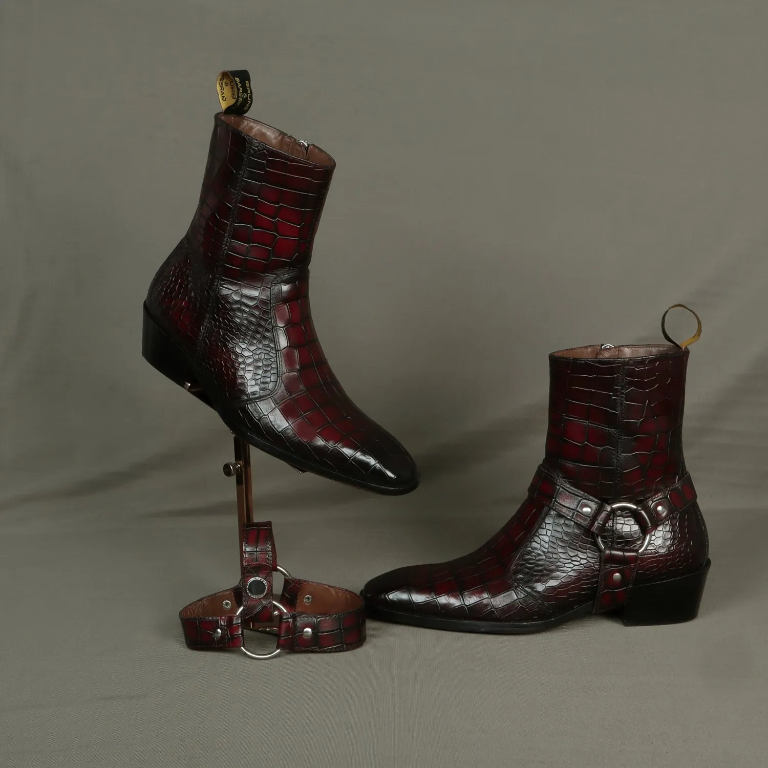 Removable/Adjustable Buckle Smokey Wine Perfect Cuban Heel Croco Textured Leather Boots