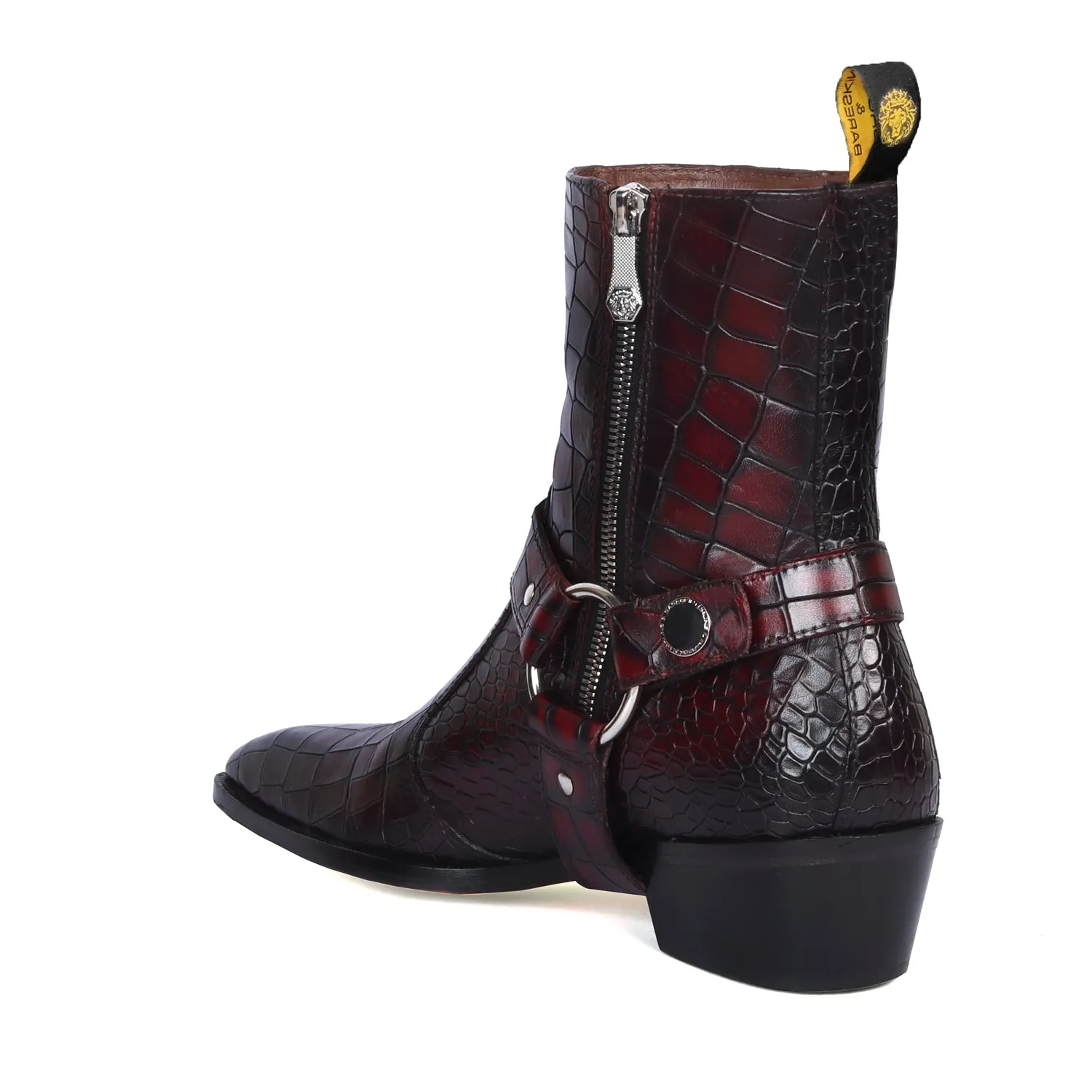 Removable/Adjustable Buckle Smokey Wine Perfect Cuban Heel Croco Textured Leather Boots