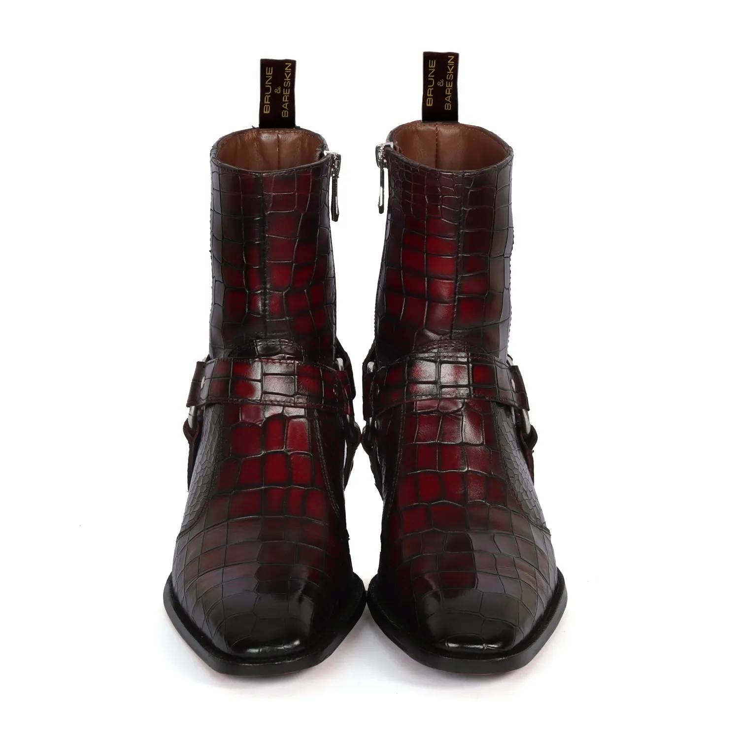 Removable/Adjustable Buckle Smokey Wine Perfect Cuban Heel Croco Textured Leather Boots