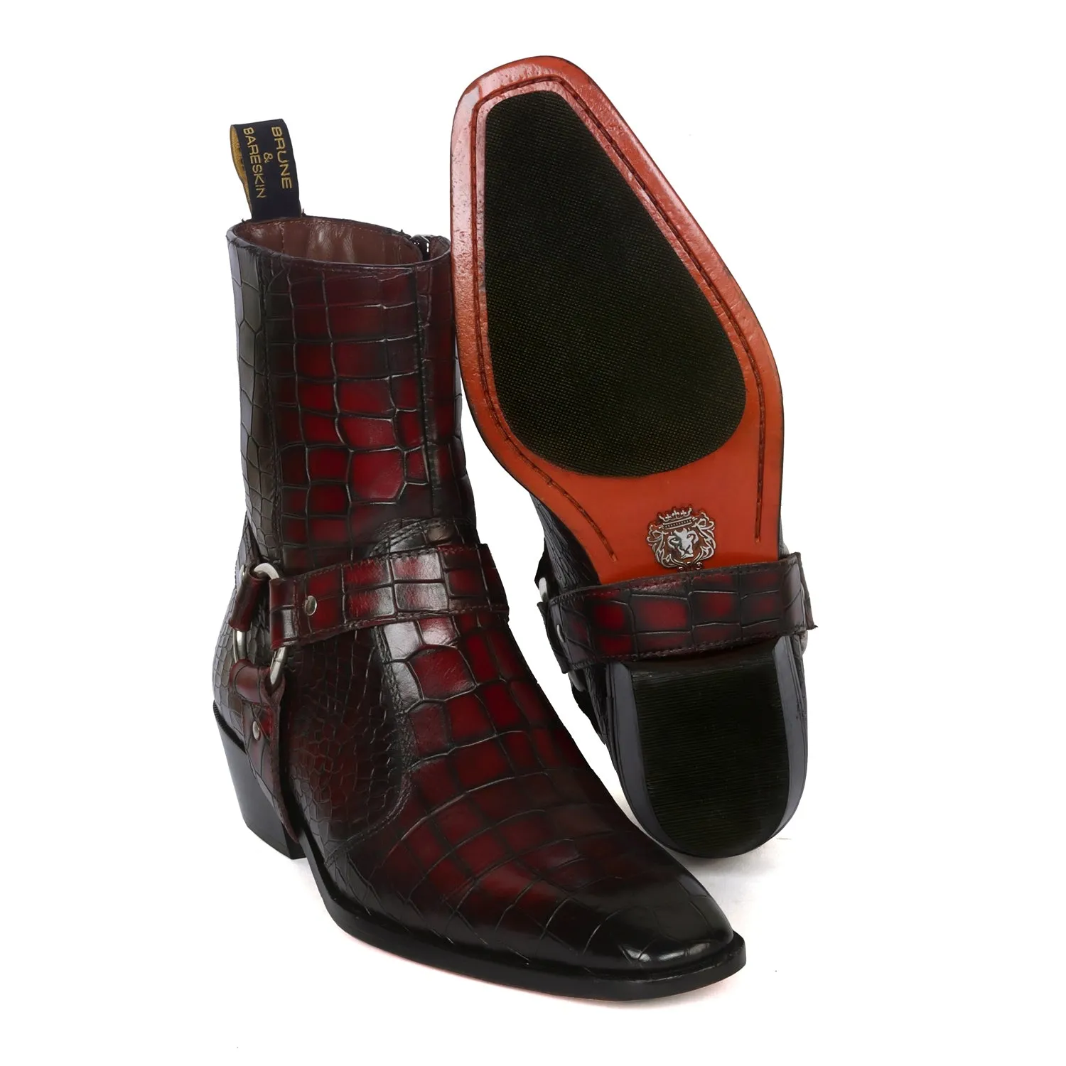 Removable/Adjustable Buckle Smokey Wine Perfect Cuban Heel Croco Textured Leather Boots