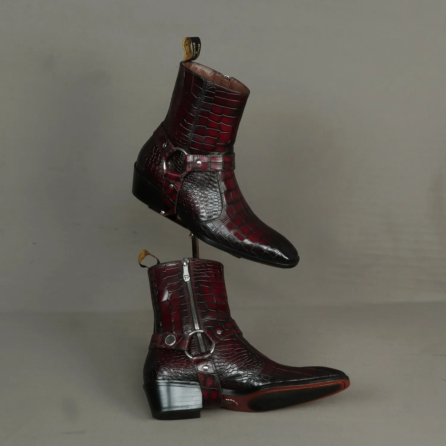 Removable/Adjustable Buckle Smokey Wine Perfect Cuban Heel Croco Textured Leather Boots