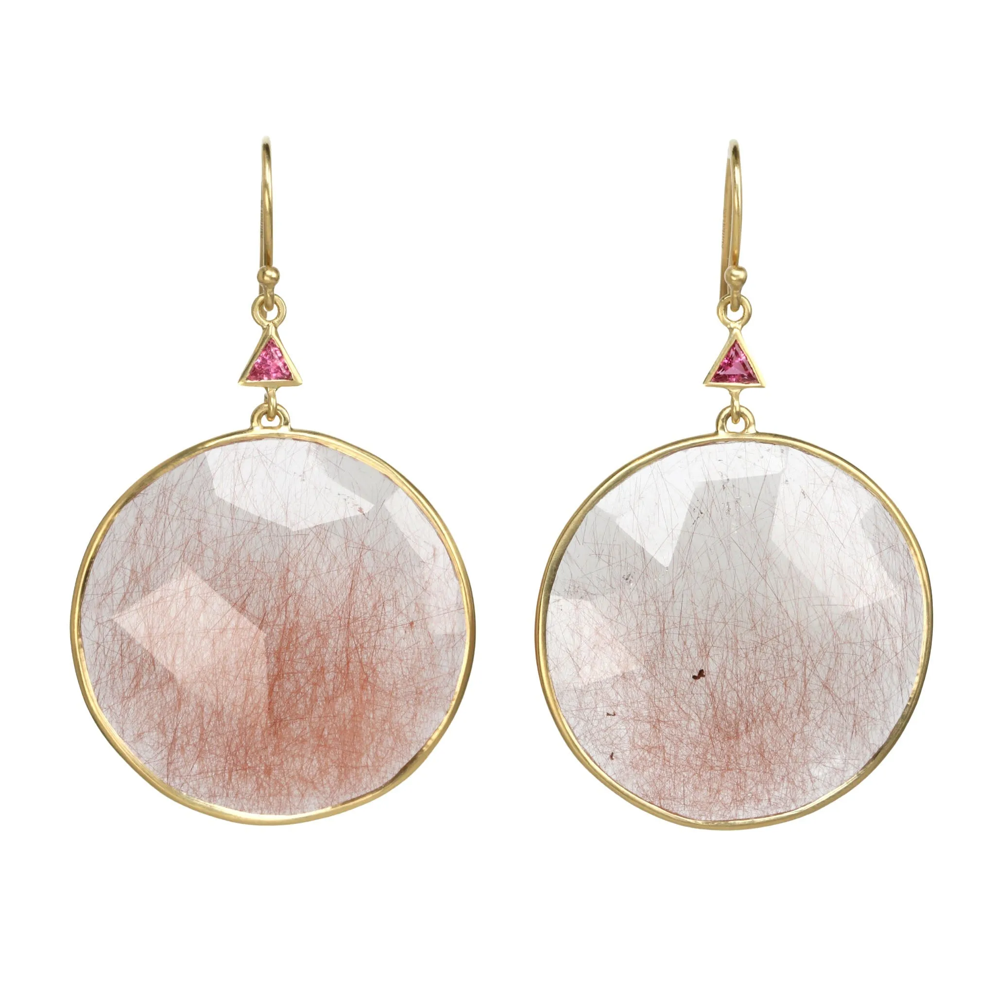 Round Rutilated Quartz Earrings with Triangular Pink Tourmalines