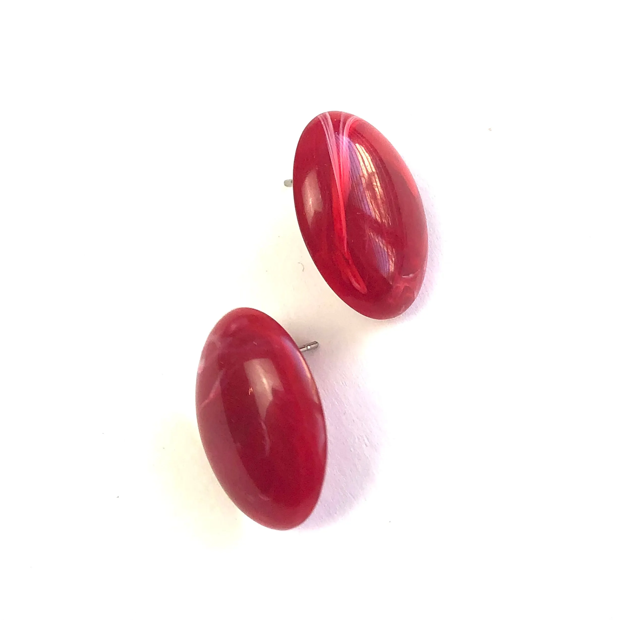 Ruby Red Marbled Oval Lucite Stud Earrings