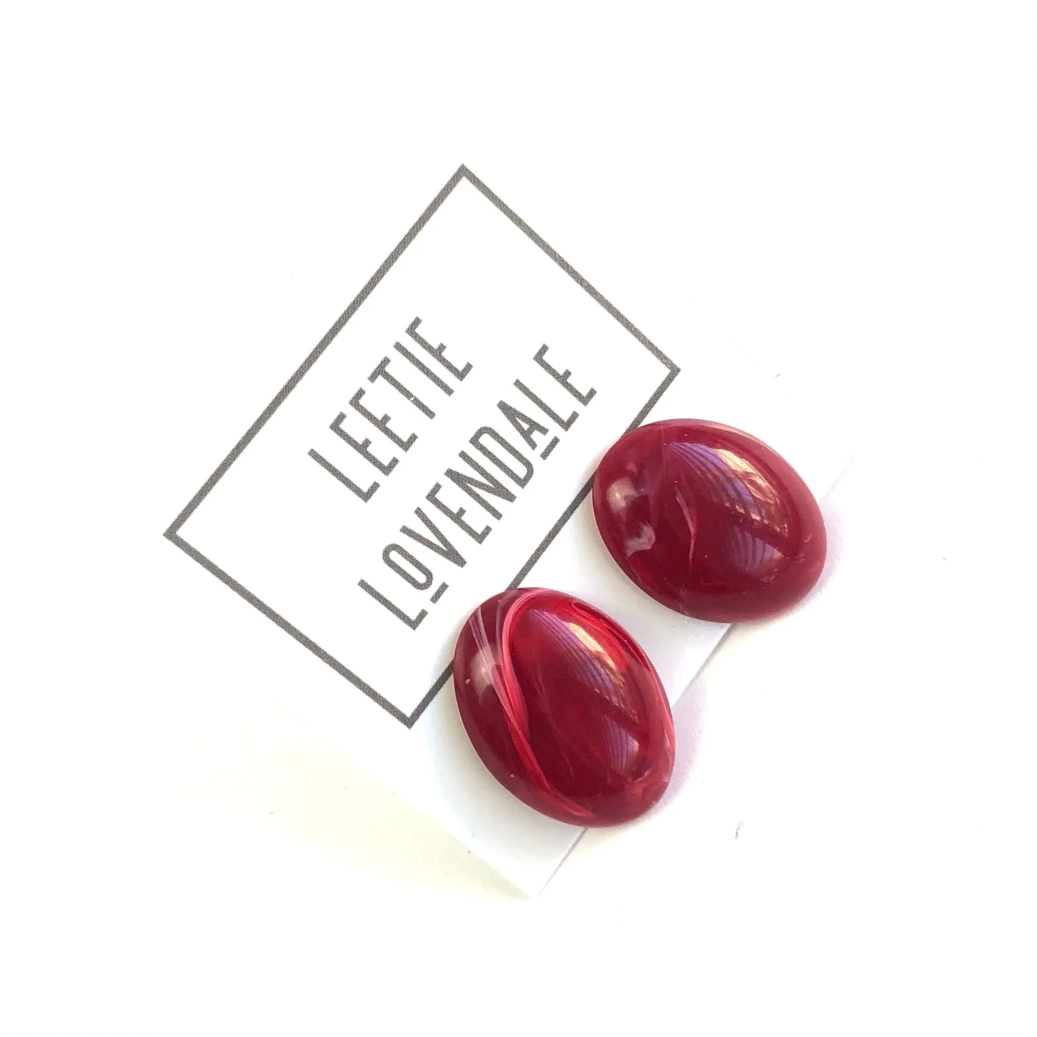 Ruby Red Marbled Oval Lucite Stud Earrings