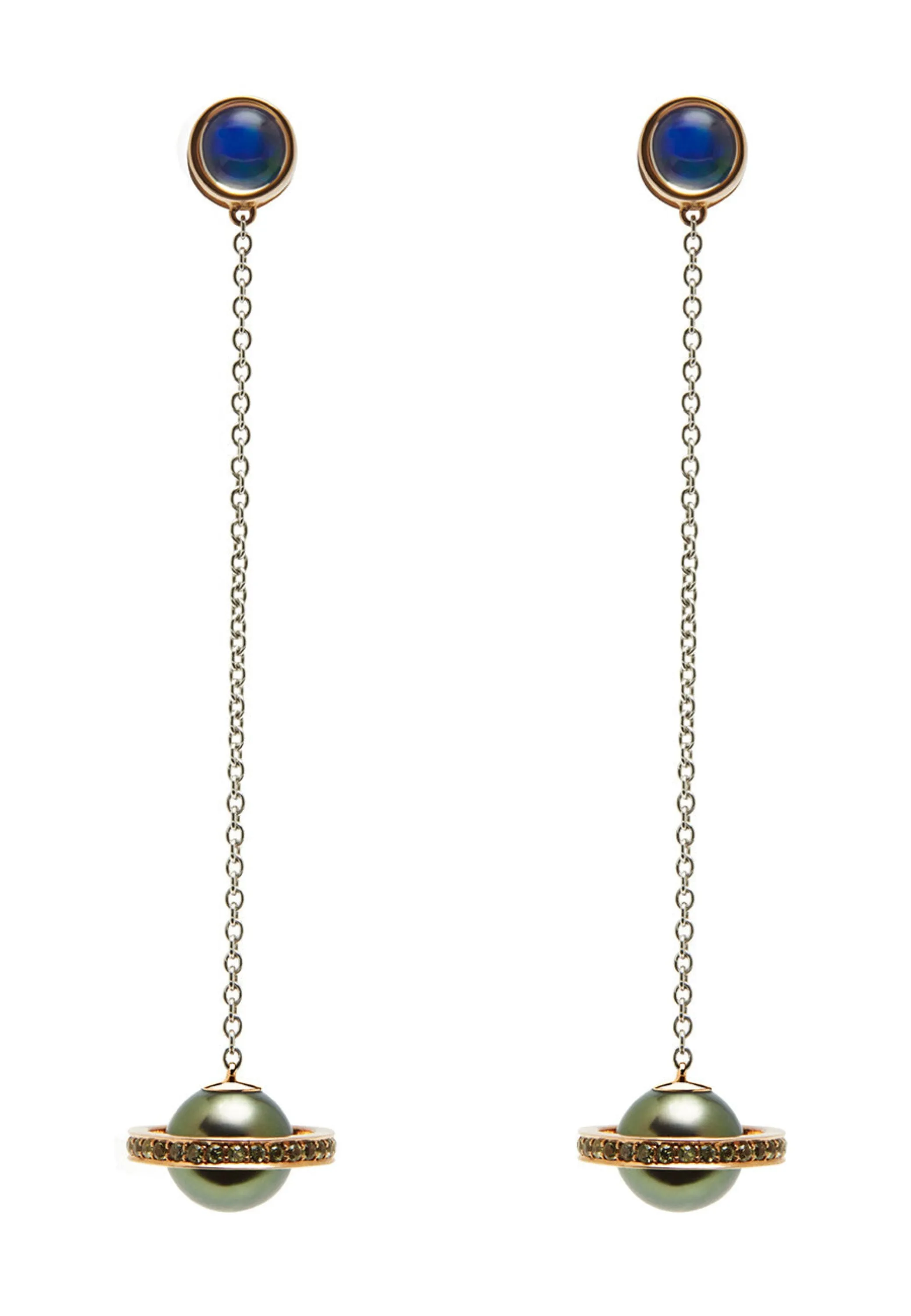 Saturn chains rose and white gold with tahitian pearl, mexician opal and green sapphire