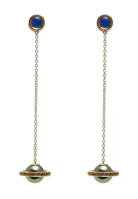 Saturn chains rose and white gold with tahitian pearl, mexician opal and green sapphire