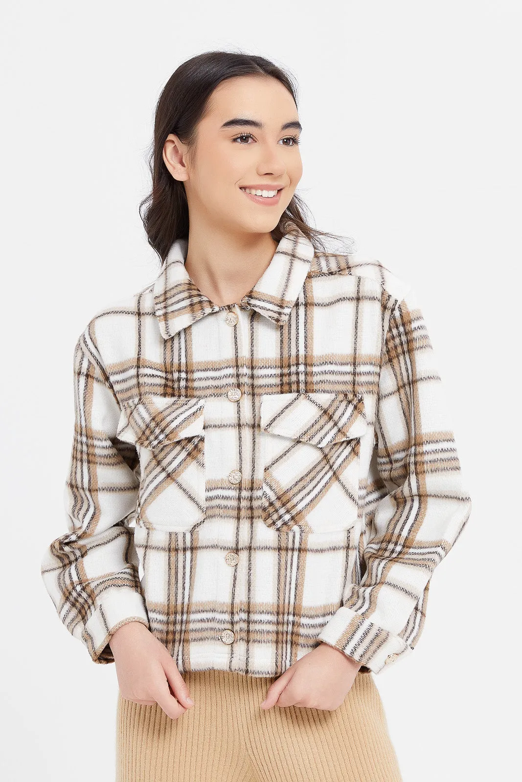 Senior Girls Beige And Brown Checkered Jacket