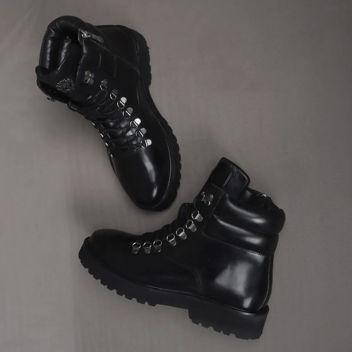 Side Zip Light Weight Biker Boots in Black Genuine Leather By Brune & Bareskin