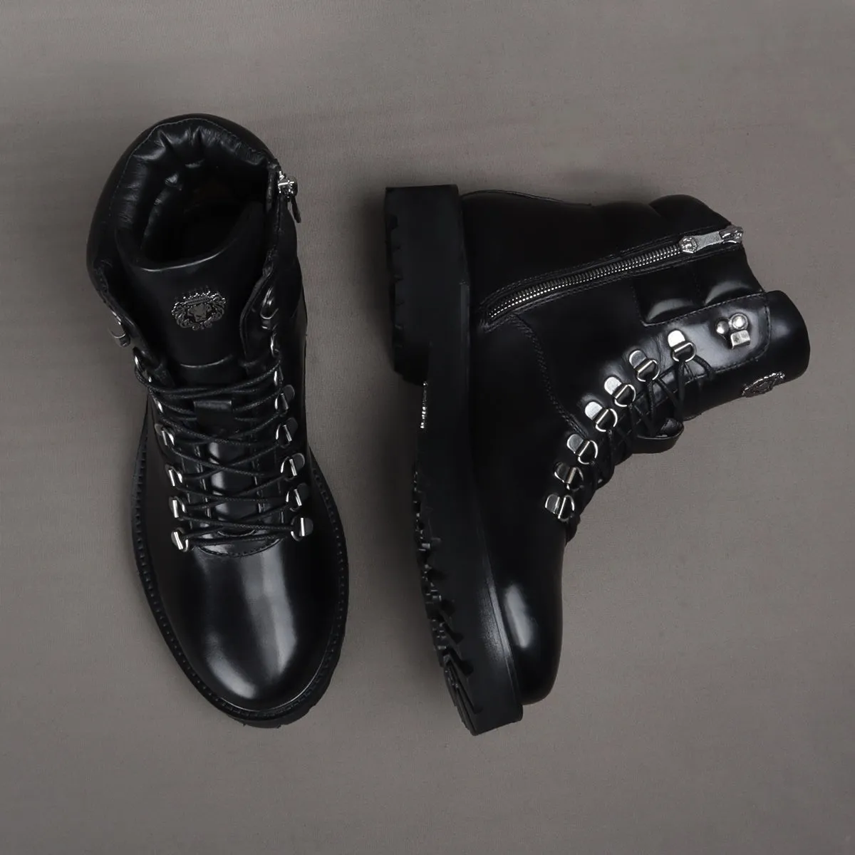 Side Zip Light Weight Biker Boots in Black Genuine Leather By Brune & Bareskin