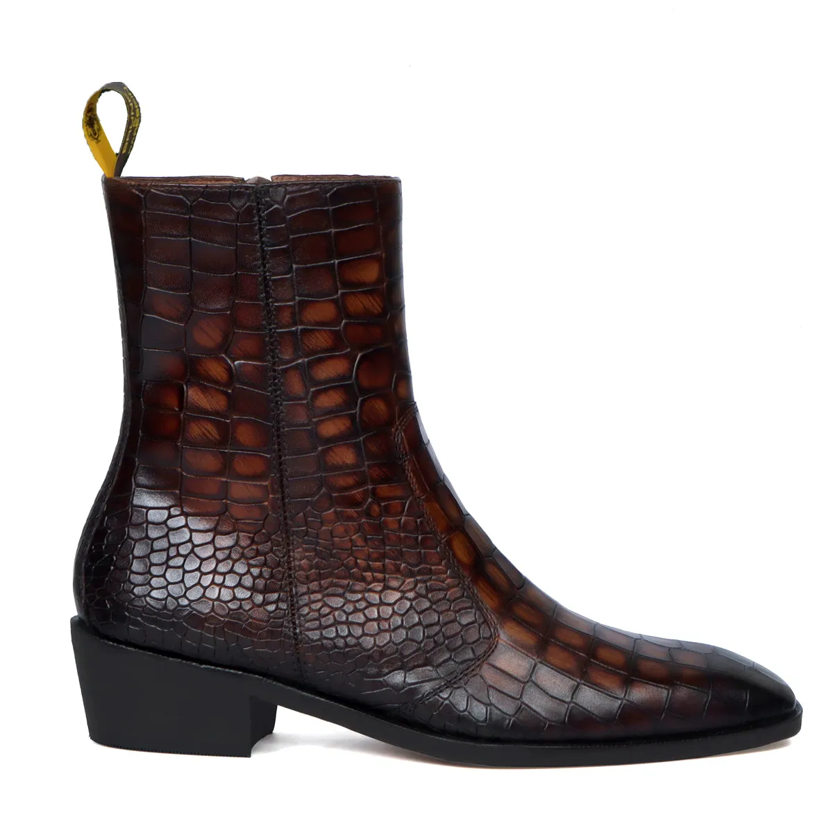 Smokey Finish Cuban Heel Chelsea Boots in Tobacco Stitched High Ankle Deep Cut Leather Zip Closure By Brune & Bareskin