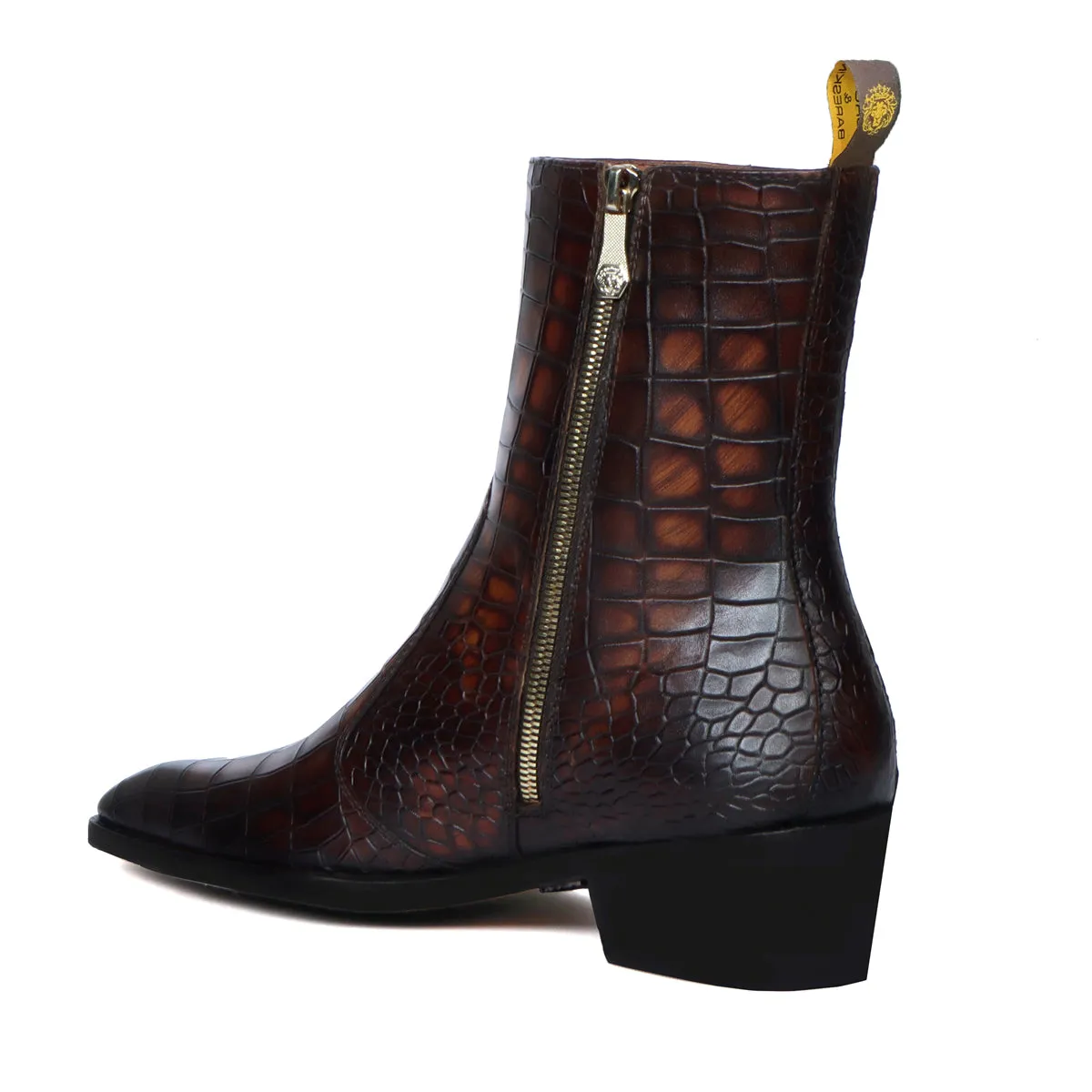 Smokey Finish Cuban Heel Chelsea Boots in Tobacco Stitched High Ankle Deep Cut Leather Zip Closure By Brune & Bareskin