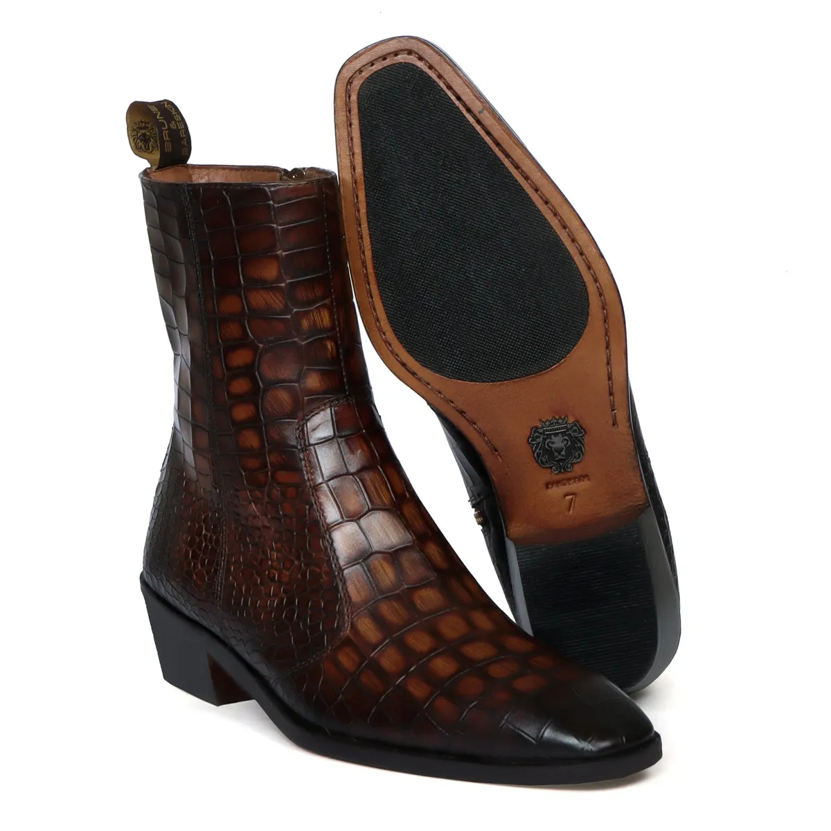 Smokey Finish Cuban Heel Chelsea Boots in Tobacco Stitched High Ankle Deep Cut Leather Zip Closure By Brune & Bareskin