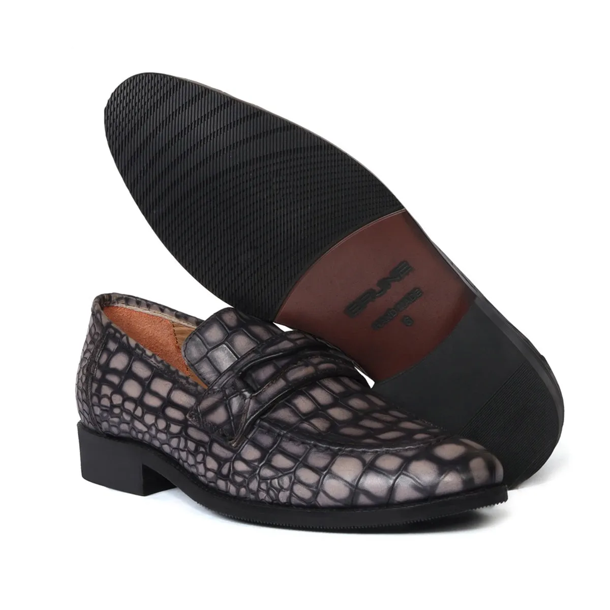 Smokey Finish Mod Look Loafers in Grey Croco Textured Leather with Leather Sole