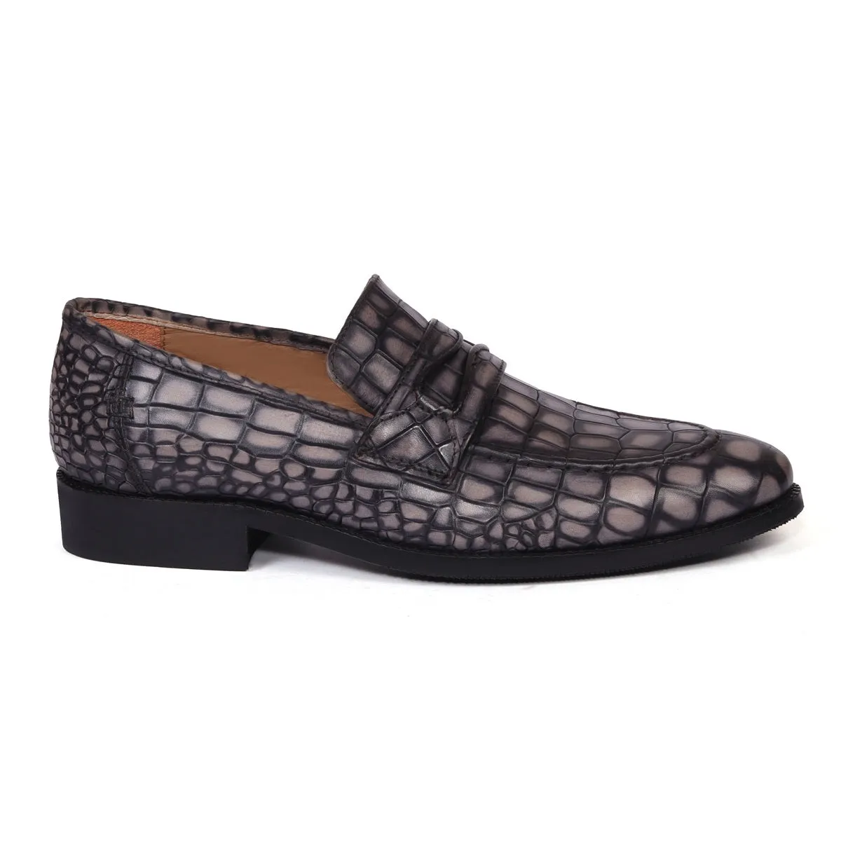 Smokey Finish Mod Look Loafers in Grey Croco Textured Leather with Leather Sole