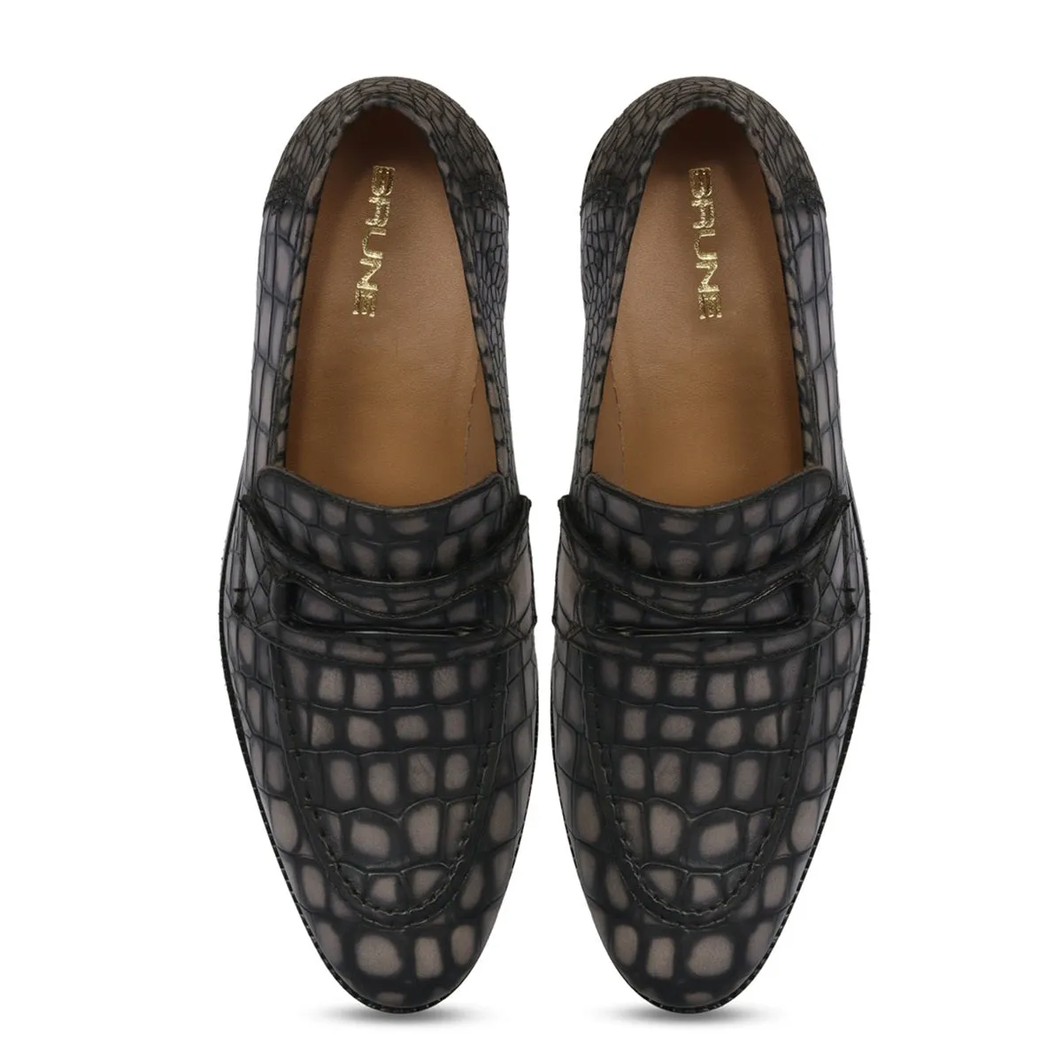 Smokey Finish Mod Look Loafers in Grey Croco Textured Leather with Leather Sole