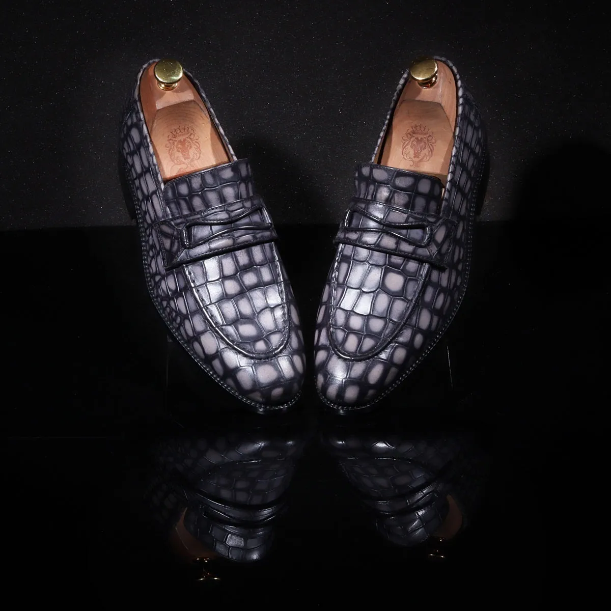 Smokey Finish Mod Look Loafers in Grey Croco Textured Leather with Leather Sole