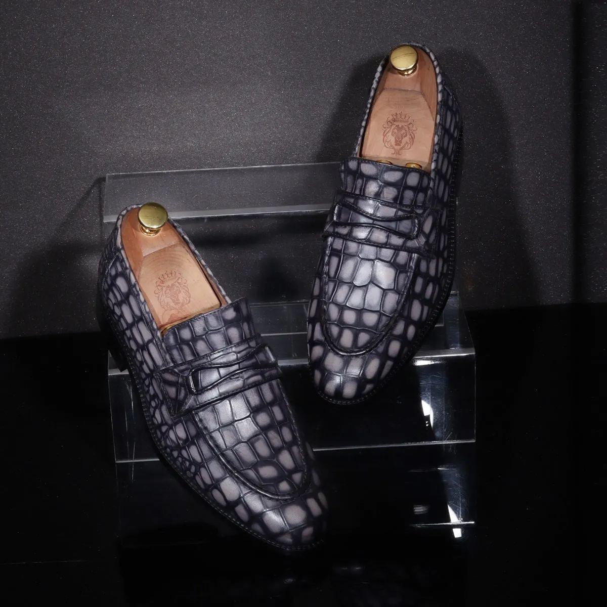 Smokey Finish Mod Look Loafers in Grey Croco Textured Leather with Leather Sole