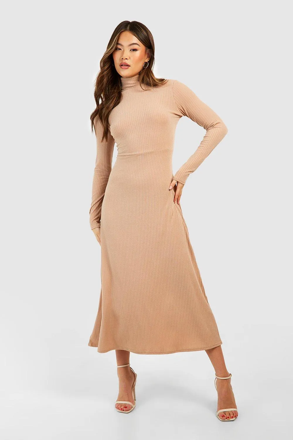 Soft Rib Turtleneck Long Sleeve Midi Dress