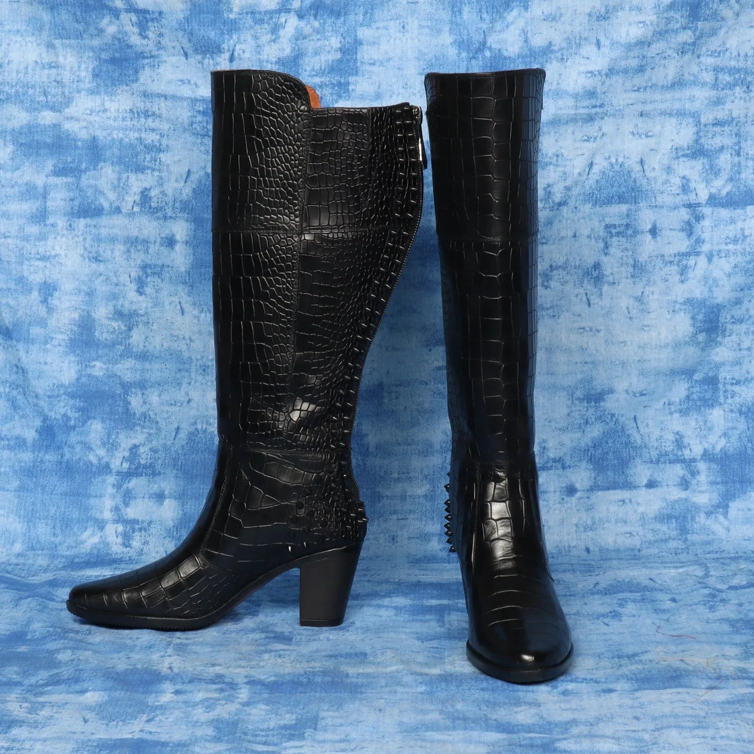 Studded Black Croco Textured Leather knee Length Blocked Heel Ladies Zipper Boots by Brune & Bareskin