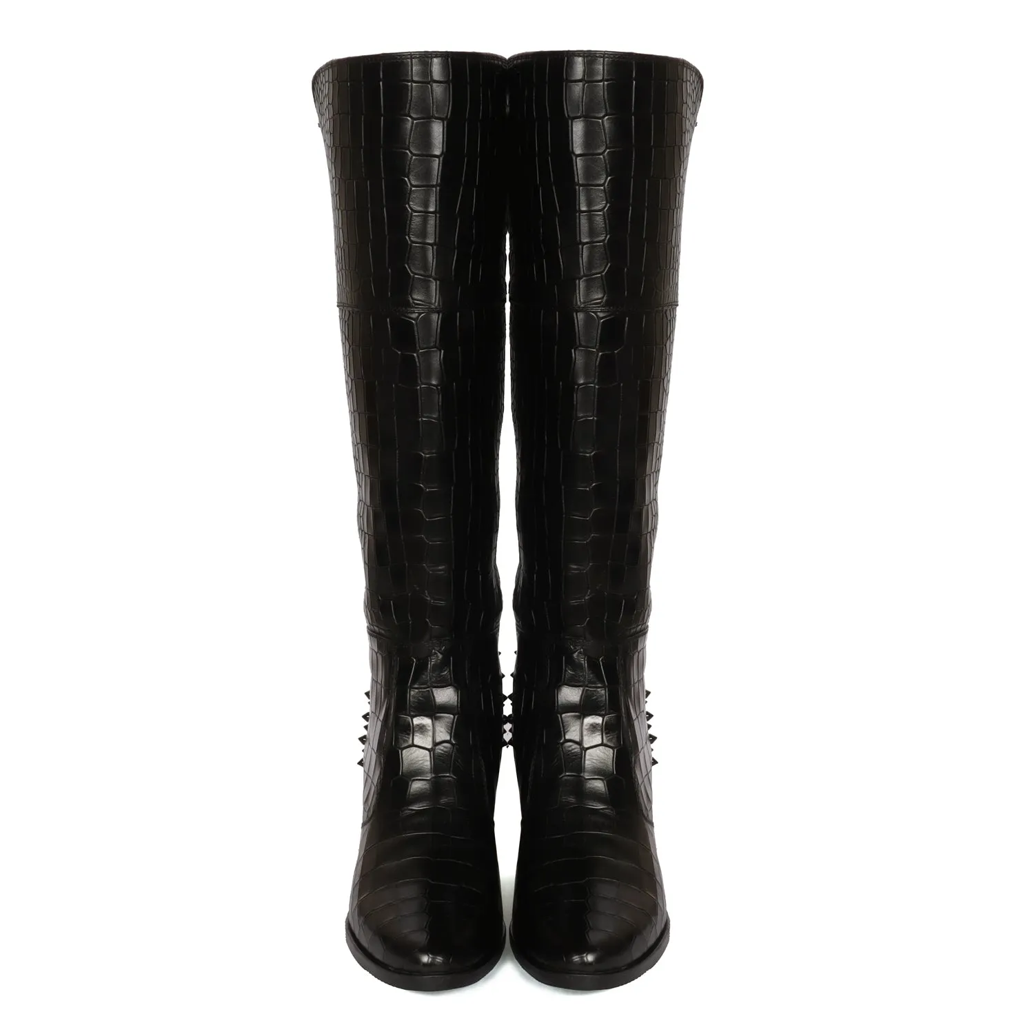 Studded Black Croco Textured Leather knee Length Blocked Heel Ladies Zipper Boots by Brune & Bareskin