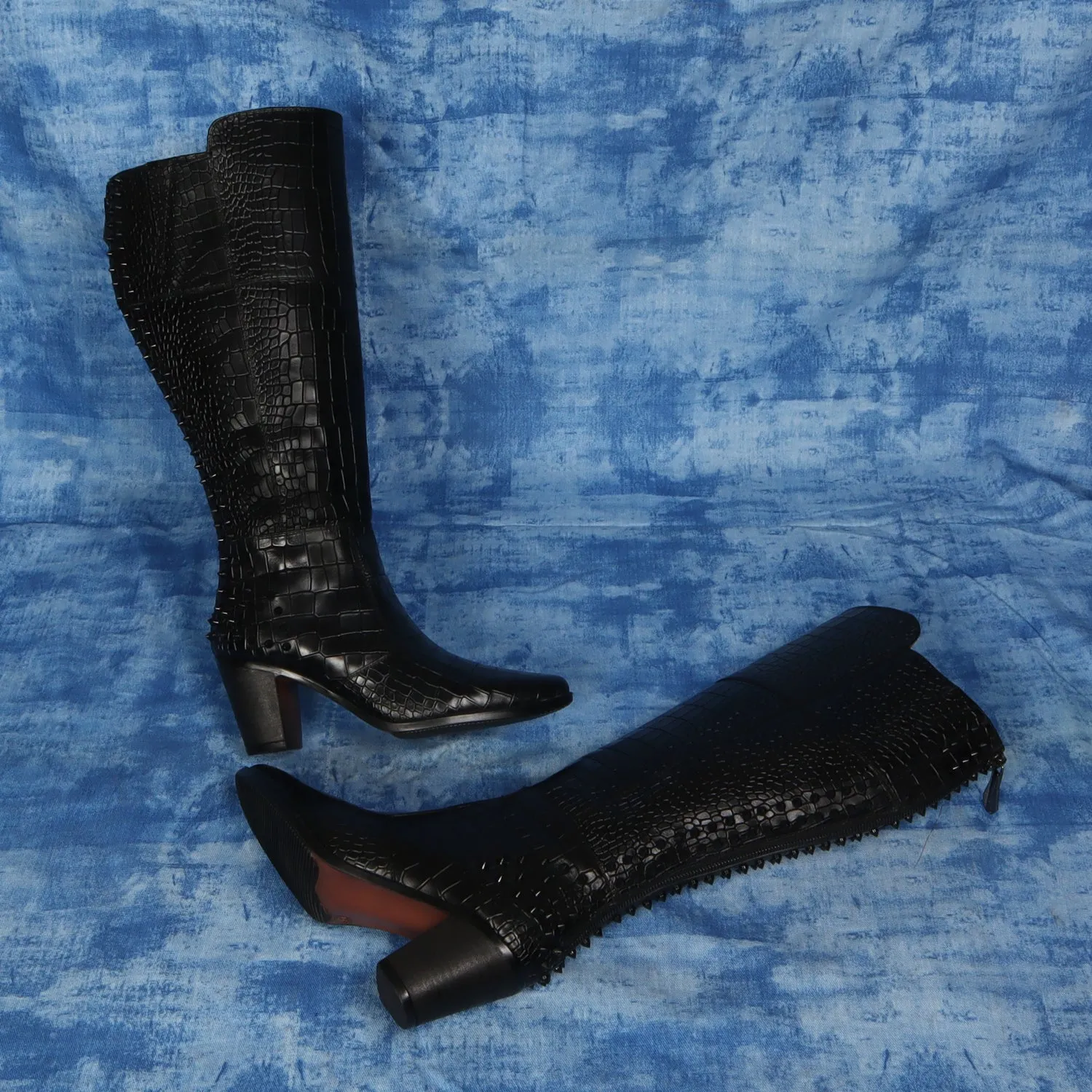 Studded Black Croco Textured Leather knee Length Blocked Heel Ladies Zipper Boots by Brune & Bareskin