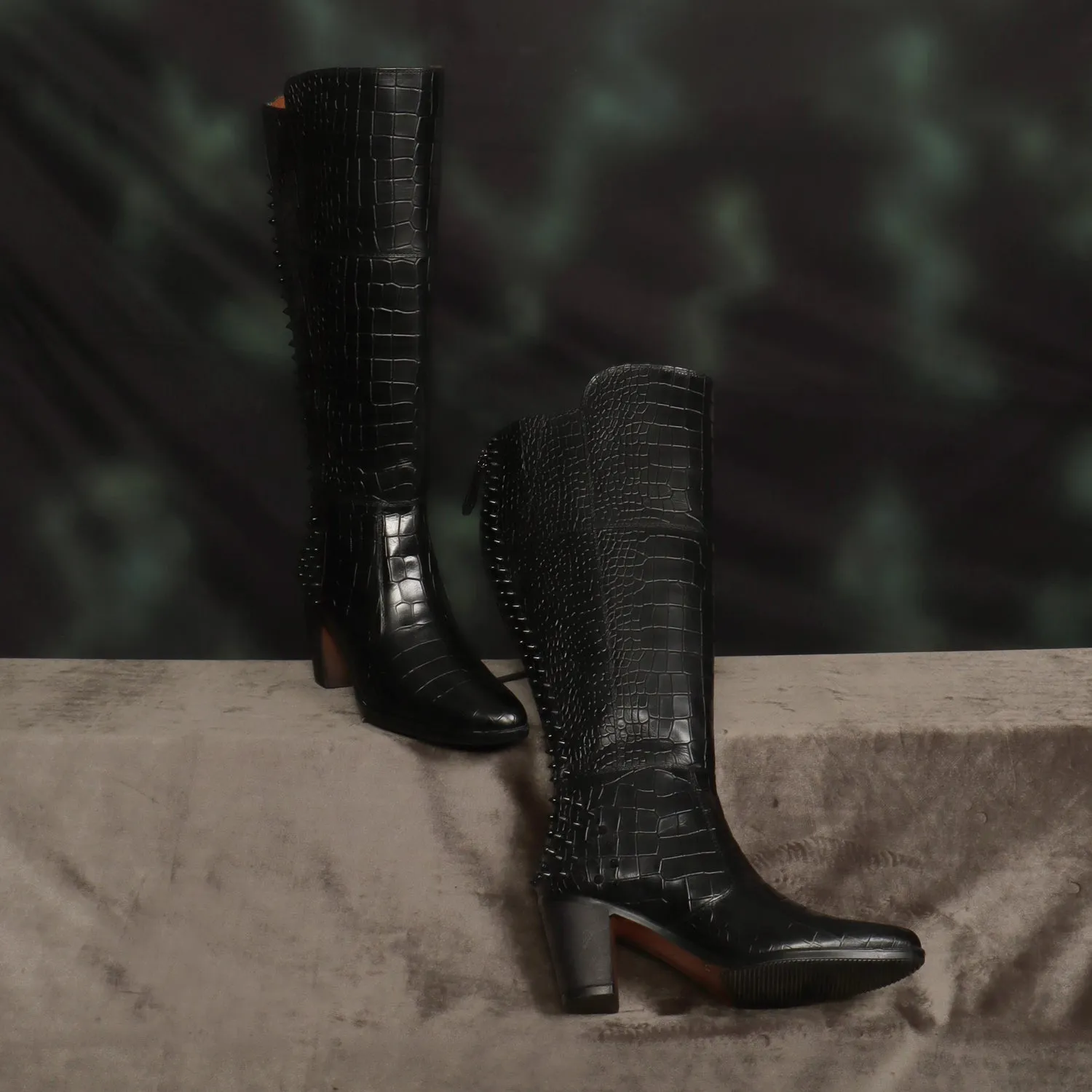 Studded Black Croco Textured Leather knee Length Blocked Heel Ladies Zipper Boots by Brune & Bareskin