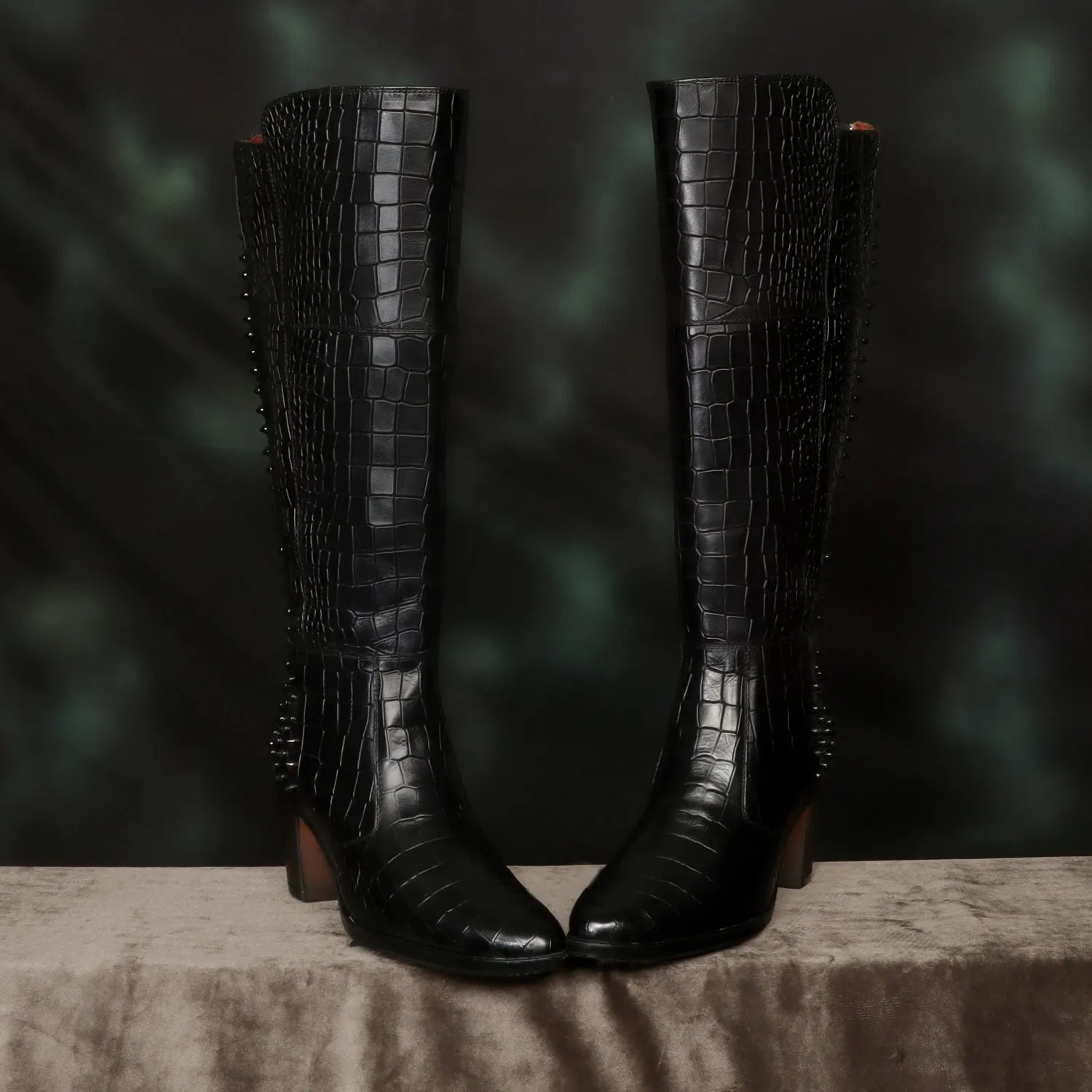 Studded Black Croco Textured Leather knee Length Blocked Heel Ladies Zipper Boots by Brune & Bareskin