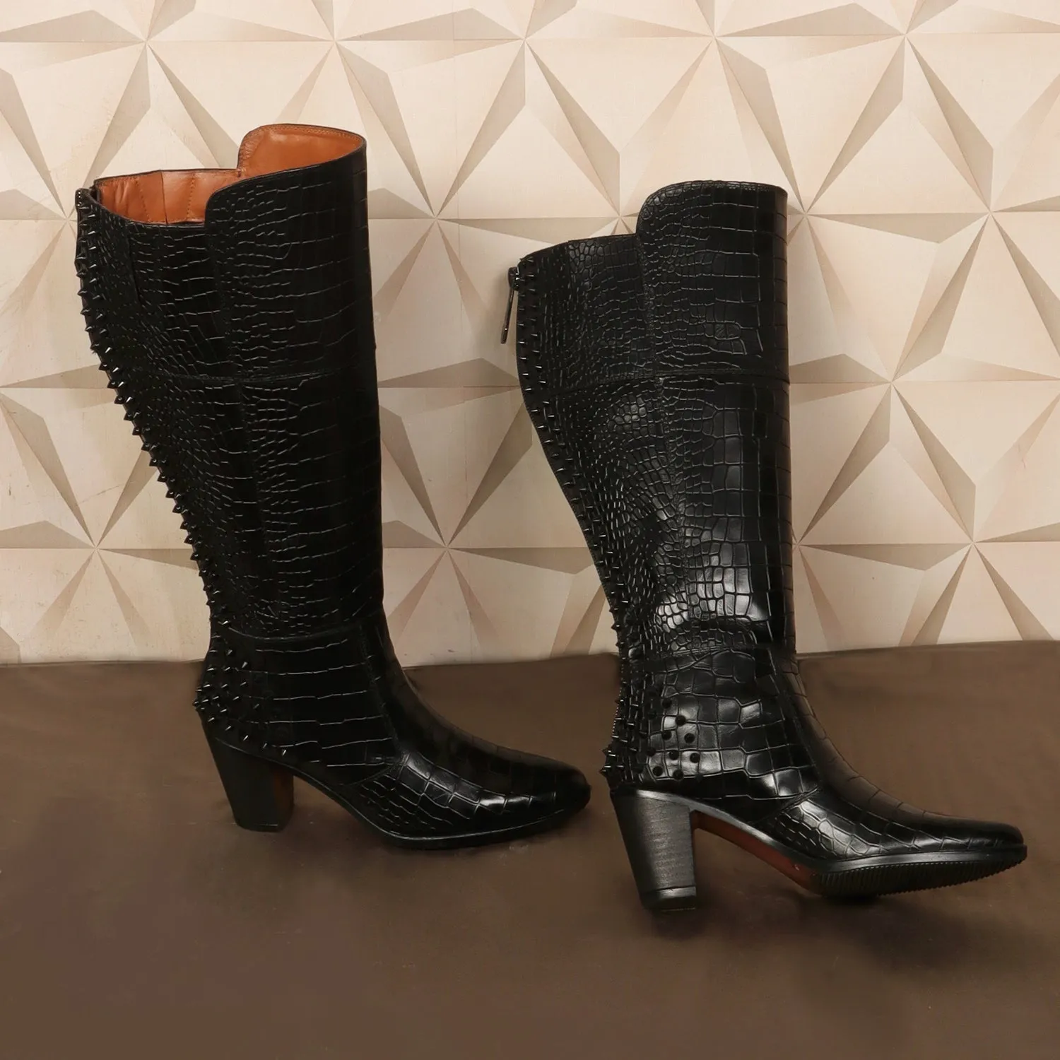 Studded Black Croco Textured Leather knee Length Blocked Heel Ladies Zipper Boots by Brune & Bareskin