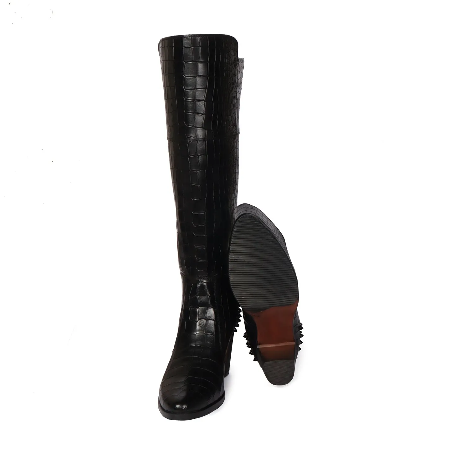 Studded Black Croco Textured Leather knee Length Blocked Heel Ladies Zipper Boots by Brune & Bareskin