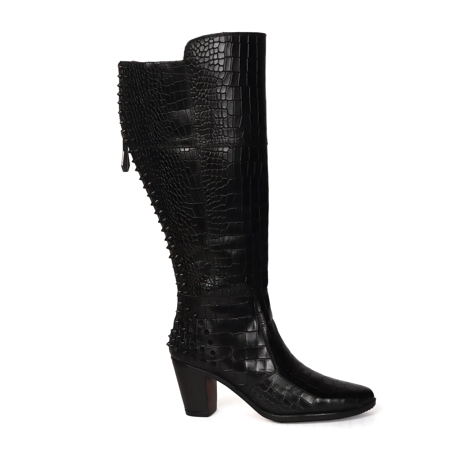 Studded Black Croco Textured Leather knee Length Blocked Heel Ladies Zipper Boots by Brune & Bareskin