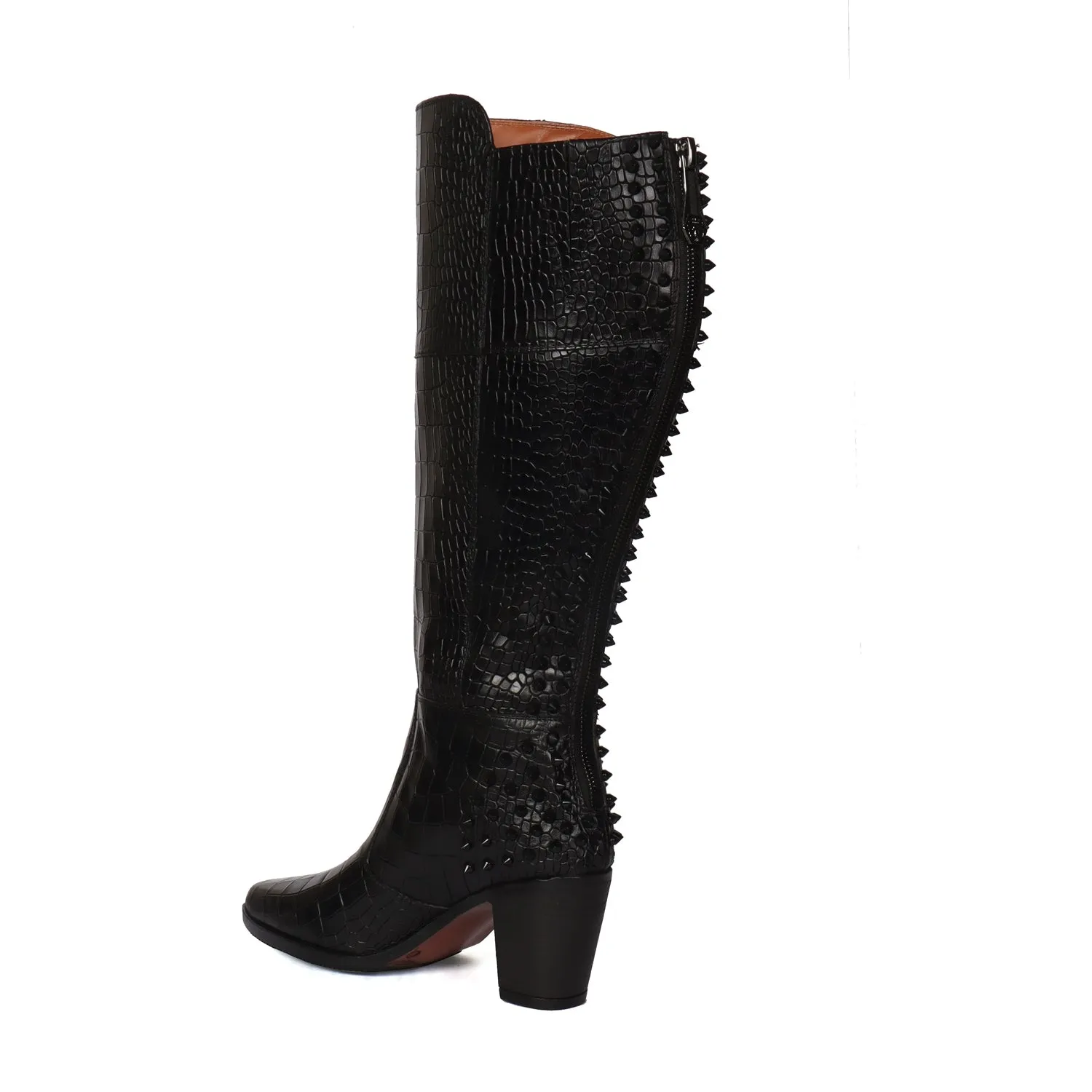 Studded Black Croco Textured Leather knee Length Blocked Heel Ladies Zipper Boots by Brune & Bareskin