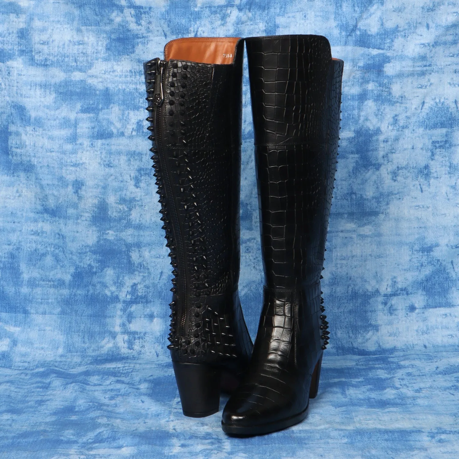 Studded Black Croco Textured Leather knee Length Blocked Heel Ladies Zipper Boots by Brune & Bareskin