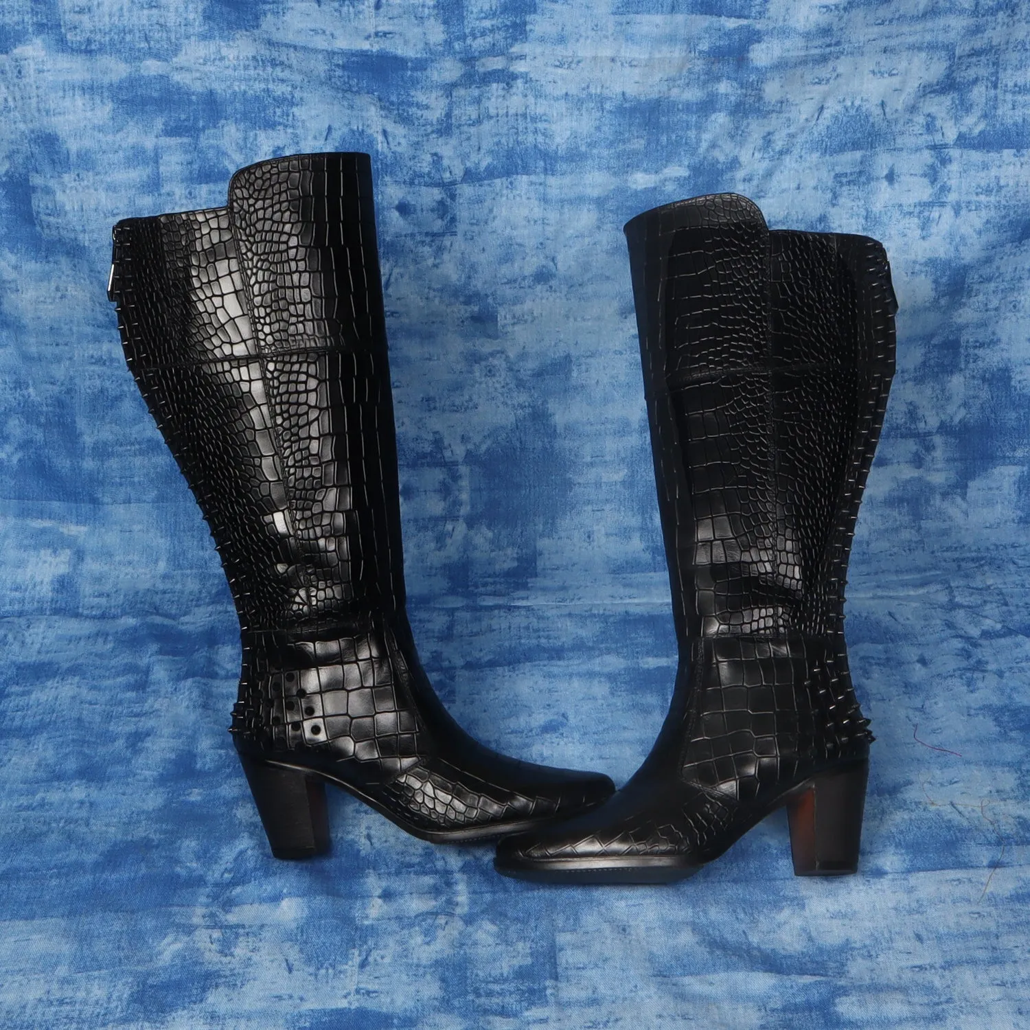 Studded Black Croco Textured Leather knee Length Blocked Heel Ladies Zipper Boots by Brune & Bareskin