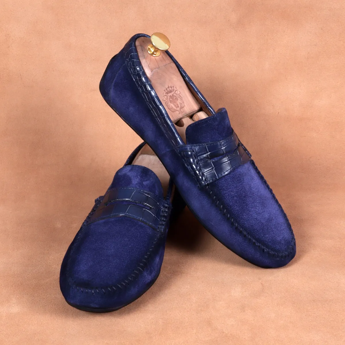 Suede Leather Loafers With Blue Croco Textured Leather Trim Topline