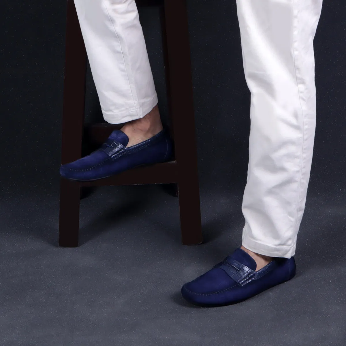 Suede Leather Loafers With Blue Croco Textured Leather Trim Topline