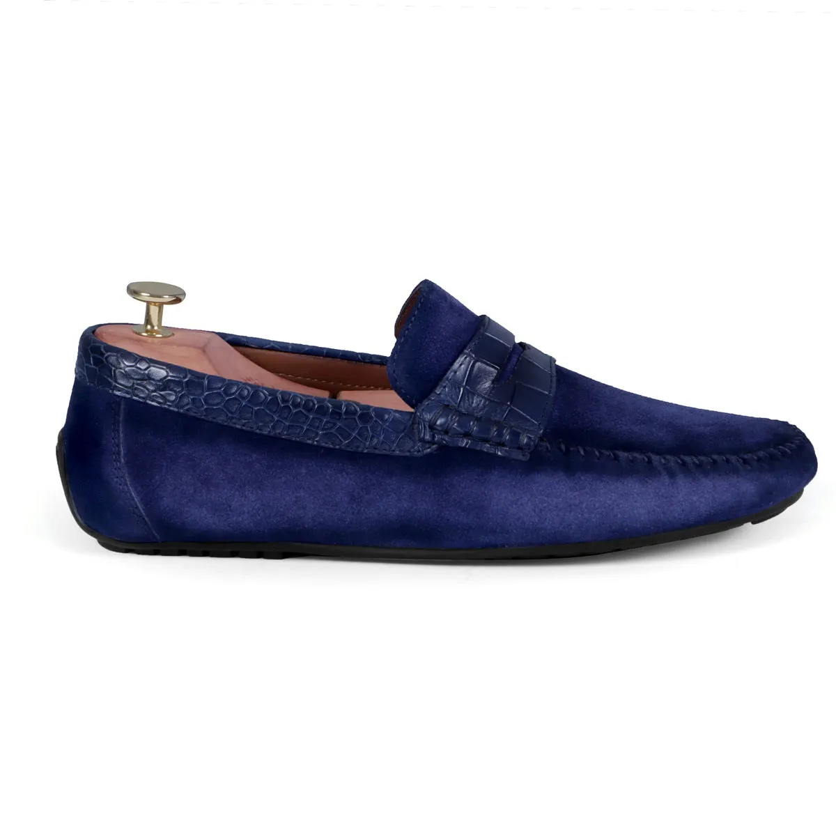 Suede Leather Loafers With Blue Croco Textured Leather Trim Topline