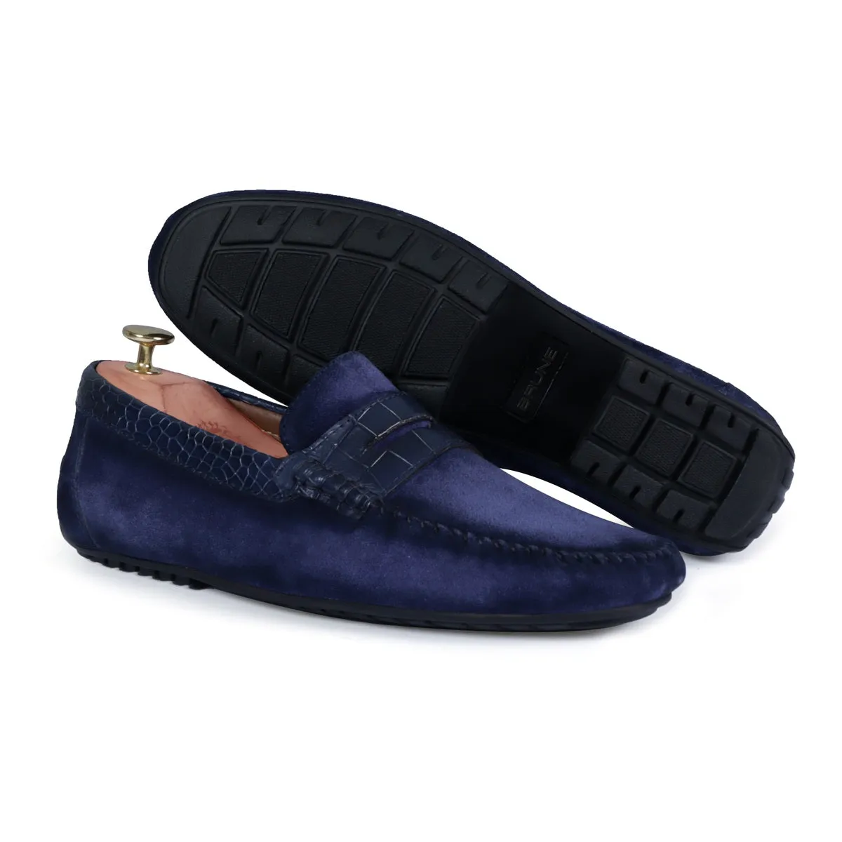 Suede Leather Loafers With Blue Croco Textured Leather Trim Topline