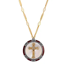 Symbols Of Faith Round Mother Of Pearl Crystal Cross Red Enameled Pendant Necklace 30