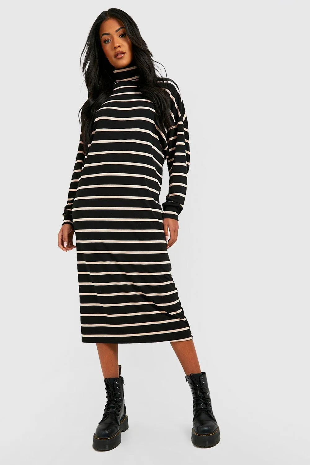 Tall Turtleneck Longsleeve Wide Stripe Midi Shift Dress